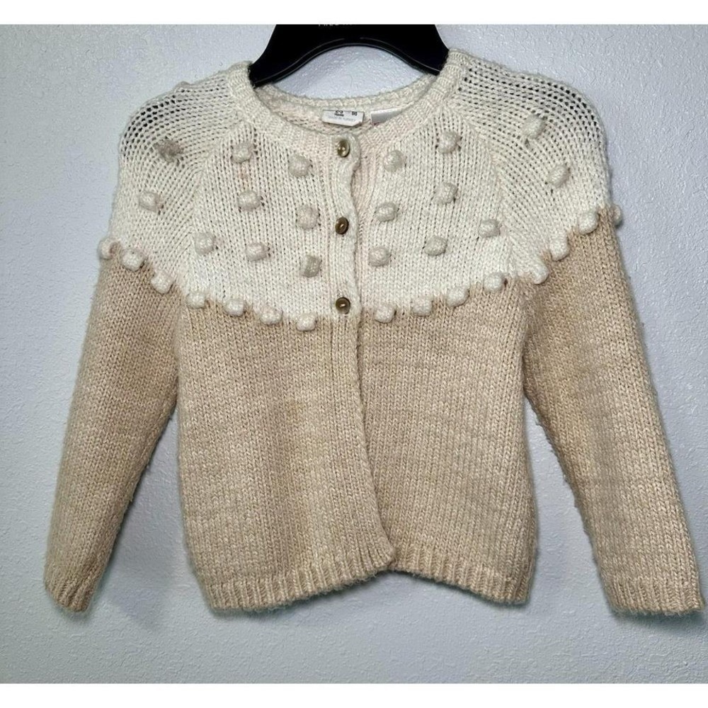 Zara Cardigan Baby 2-3Y Tan Cream Excellent Pom Pom Bobble Knit Sweater